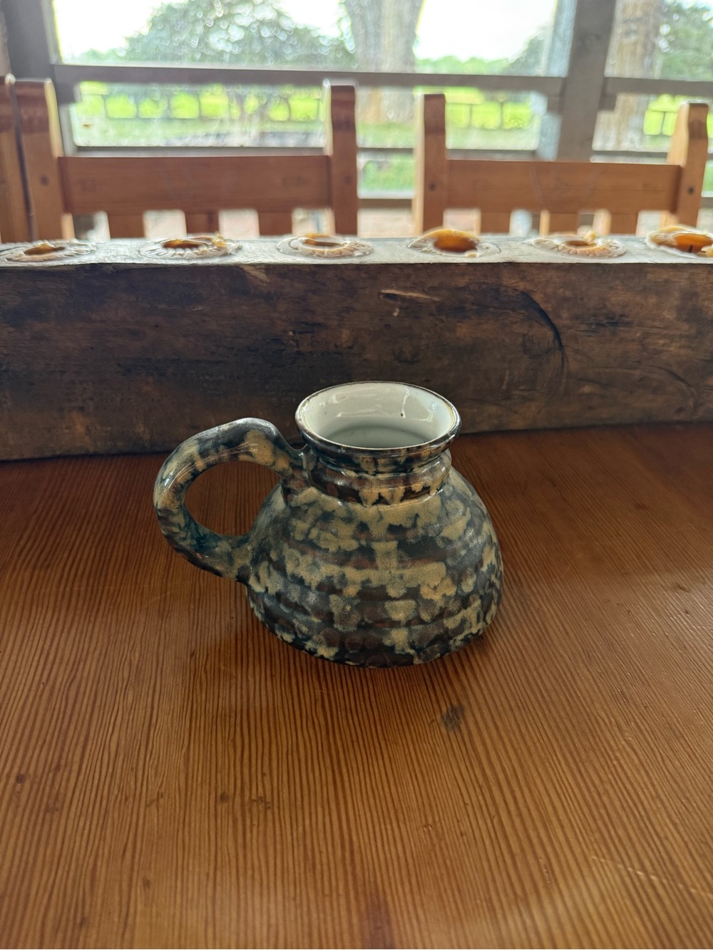 Handmade Speckled Ceramic Candle Holder - Blue and Cream